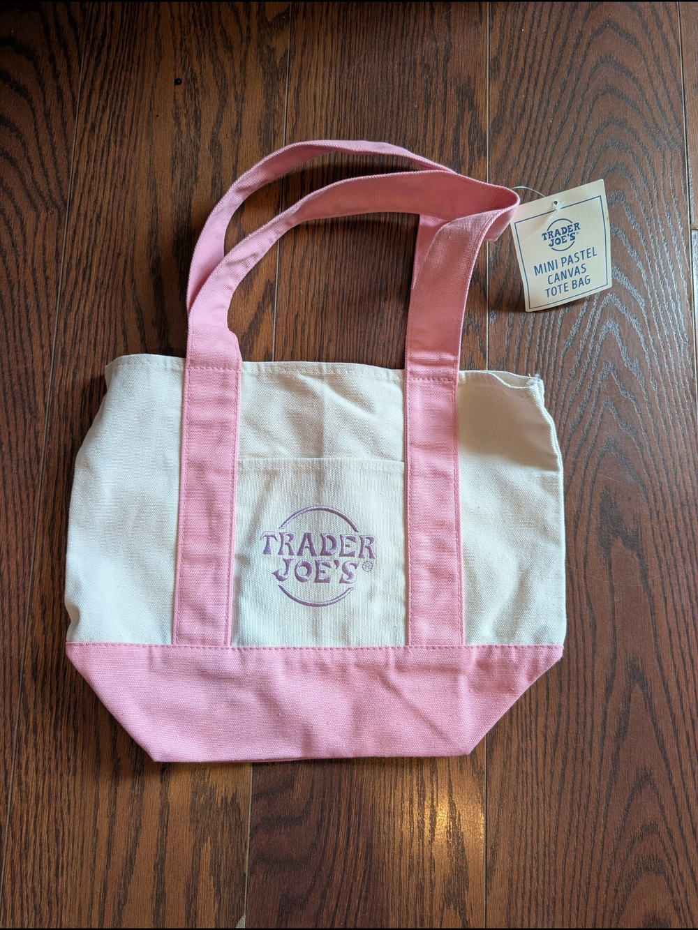 Trader Joe Mini Pastel Canvas Tote Bag Pink & Cream